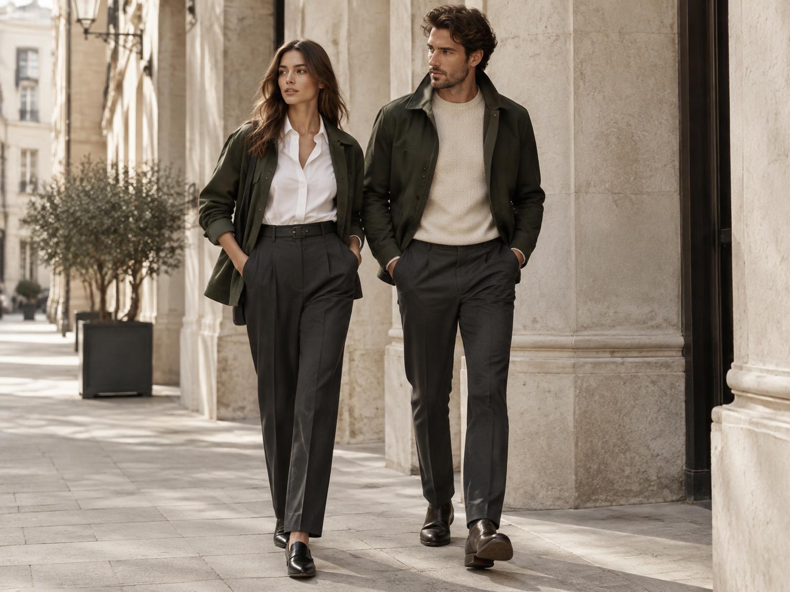Femme et homme en tenue casual chic dans une rue européenne